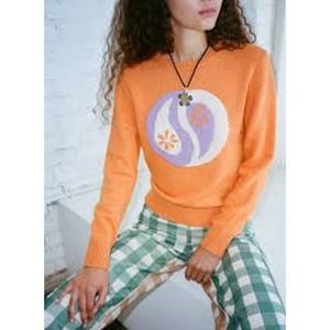 Gimaguas Womens Crewneck Long Sleeve Pullover Knit Yin Yang Sweater Orange Small